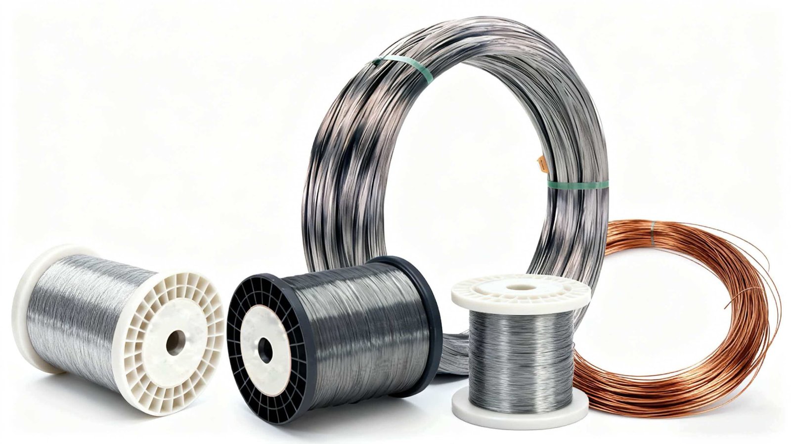 Stainless steel and galvanized metal wire spools on automated wire drawing production line